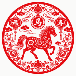 马与花纹组成的红色镂空窗花示例