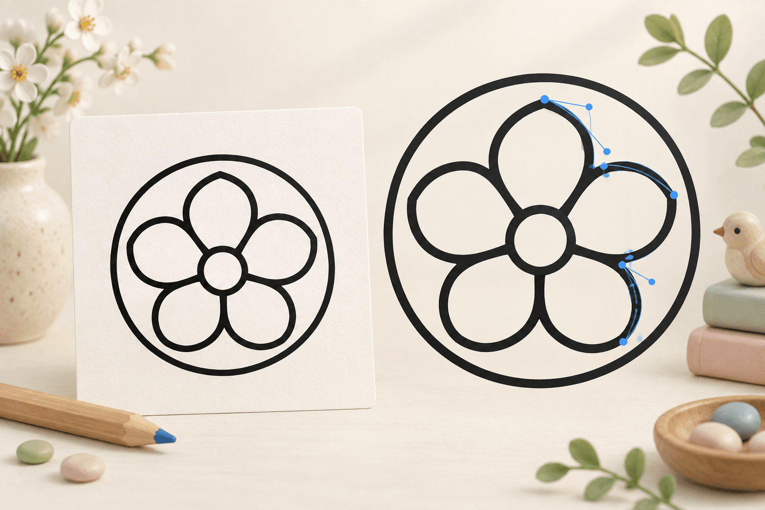 先识别图片,成稿直接描摹;其他图片由 AI 设计分区线稿后描摹。